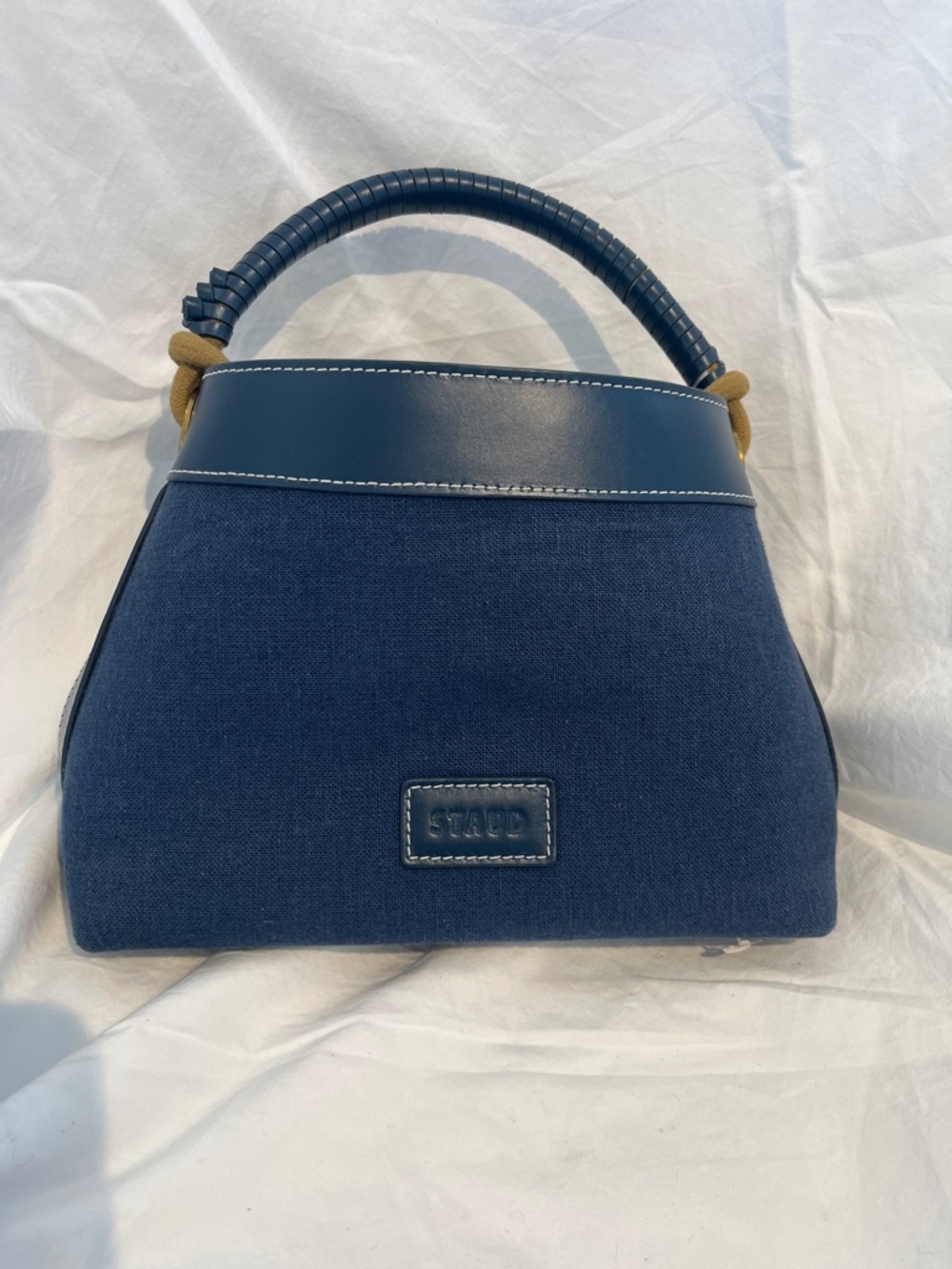 STAUD Navy Canvas Top-Handle Satchel with Tan Knot Details